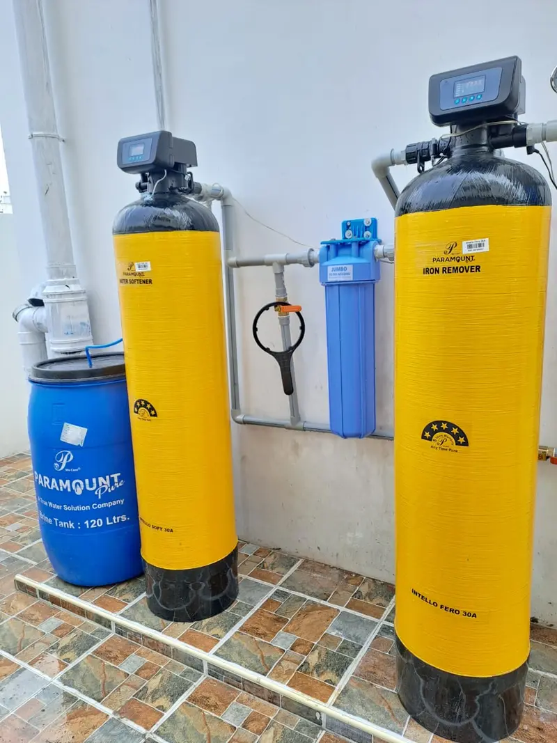 Softener, filter, pre-filter and brine tank installed indoors