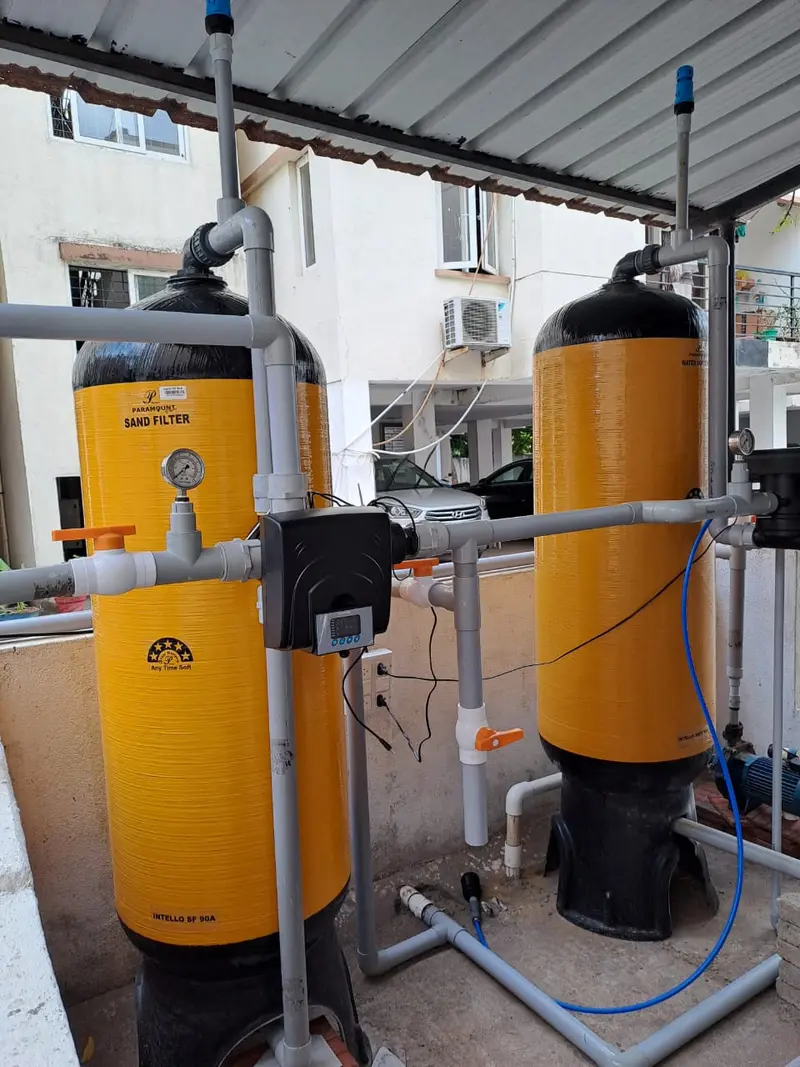 Twin vessels with pipework installed in a covered shed
